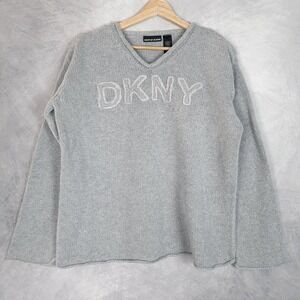 Vintage DKNY Sweater Womens Large Gray Logo V Neck Knit Pullover Relaxed 90s